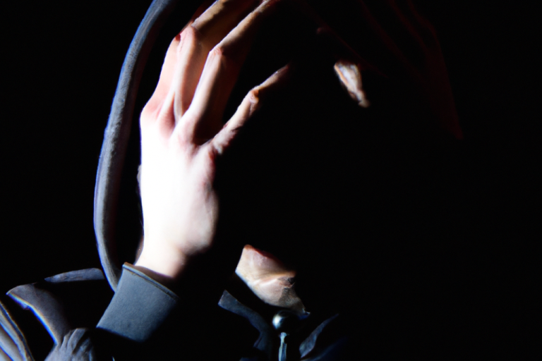 A person in a dark hoodie covering their face with hands, conveying distress or anguish.